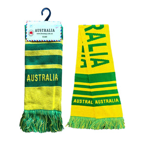 Green and yellow striped scarf with 'Australia' text on a white background