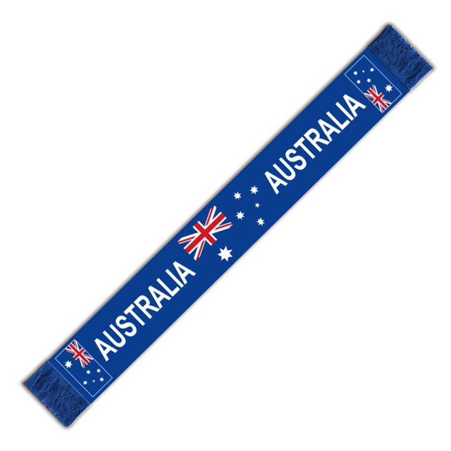 Blue scarf with white 'AUSTRALIA' text and flag design on a blue background
