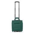 An Emerald Green rolling suitcase with an extended telescoping handle, shown on a plain white background. The suitcase features a top carry handle, a front zippered pocket, and spinner wheels.