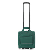 An Emerald Green rolling suitcase with an extended telescoping handle, shown on a plain white background. The suitcase features a top carry handle, a front zippered pocket, and spinner wheels.