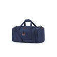 A navy blue duffle bag with dual top handles, a detachable shoulder strap, and zippered compartments, shown on a plain white background.