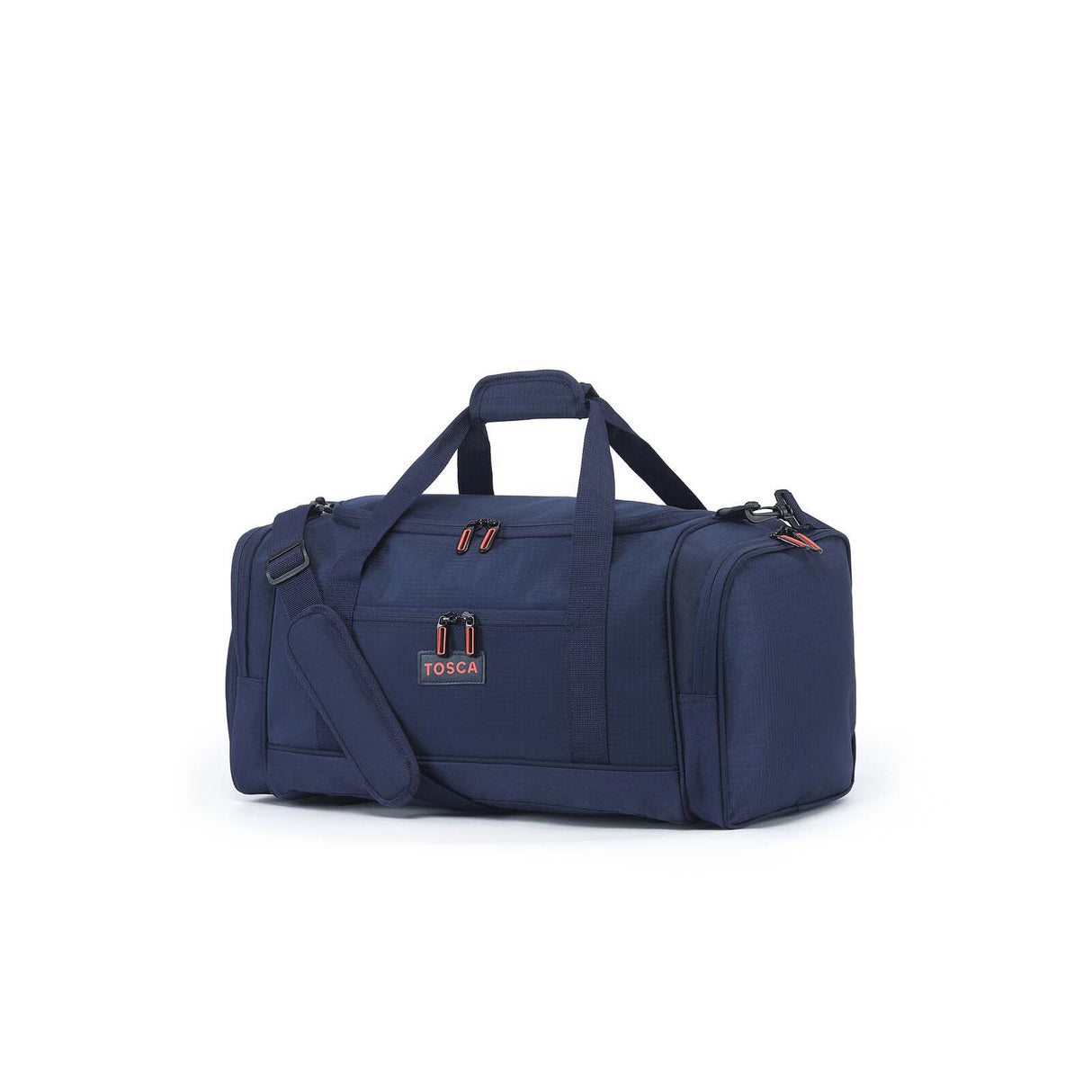 A navy blue duffle bag with dual top handles, a detachable shoulder strap, and zippered compartments, shown on a plain white background.