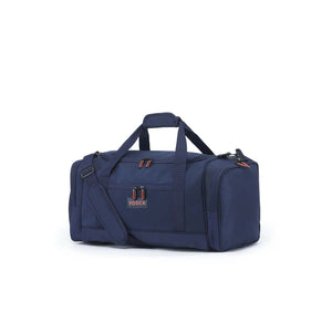A navy blue duffle bag with dual top handles, a detachable shoulder strap, and zippered compartments, shown on a plain white background.