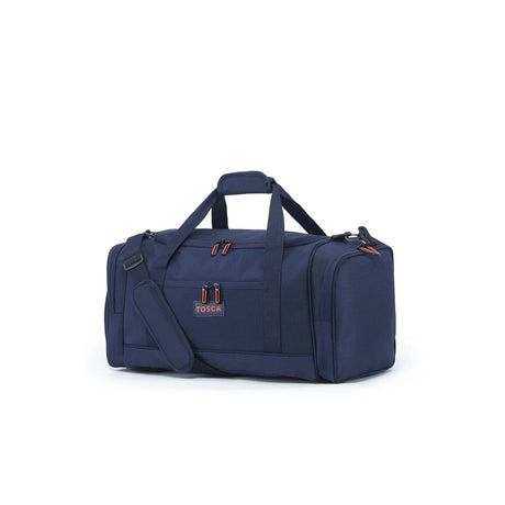 A navy blue duffle bag with dual top handles, a detachable shoulder strap, and zippered compartments, shown on a plain white background.