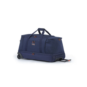 A navy blue rolling duffel bag with a telescoping handle, dual top handles, and a telescoping wheel base, shown on a plain white background.