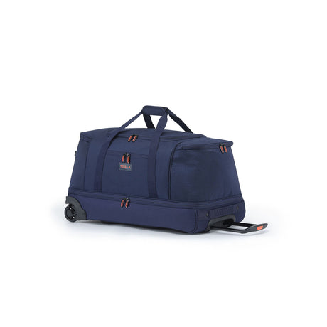 A navy blue rolling duffel bag with a telescoping handle, dual top handles, and a telescoping wheel base, shown on a plain white background.