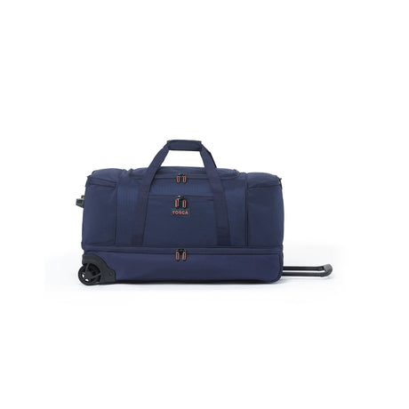 A navy blue duffel bag with a telescoping handle and wheels, featuring a front zippered pocket with the brand name 'TOSCA' printed in orange. The bag is photographed from a side profile view on a clean white background.