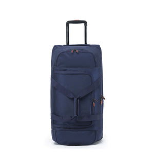 A navy blue rolling duffel bag with an extended black telescoping handle, front zippered pocket, and straps, shown against a plain white background.