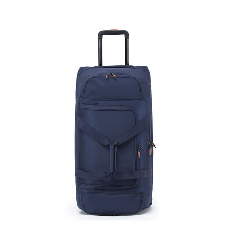 A navy blue rolling duffel bag with an extended black telescoping handle, front zippered pocket, and straps, shown against a plain white background.