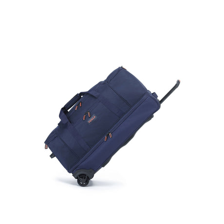 A navy blue rolling duffel bag with an extended telescoping handle, shown at an angle on a clean white background.