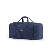 A navy blue duffle bag with dual top handles, a detachable shoulder strap, and zippered compartments, shown on a plain white background.