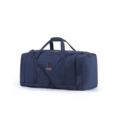 A navy blue duffle bag with dual top handles, a detachable shoulder strap, and zippered compartments, shown on a plain white background.