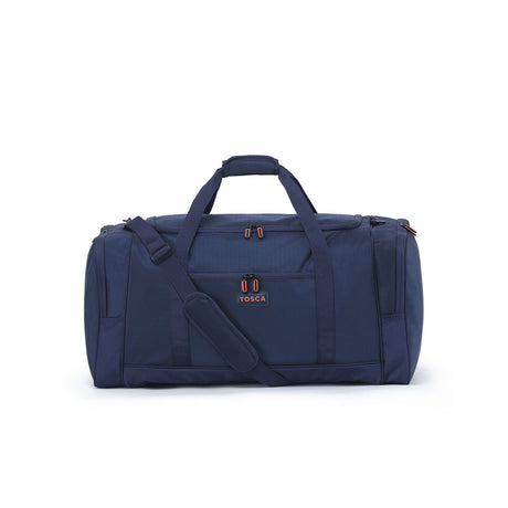 A navy blue duffel bag with a top handle, a detachable shoulder strap, and a front pocket featuring the 'TOSCA' brand logo in orange and white, set against a plain white background.