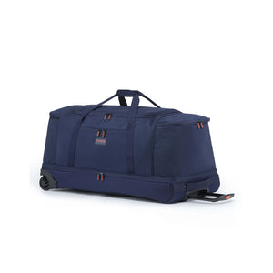 A navy blue rolling duffel bag with a telescoping handle, dual top handles, and a telescoping wheel base, shown on a plain white background.