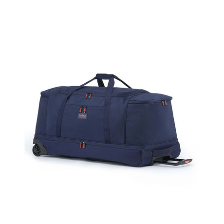 A navy blue rolling duffel bag with a telescoping handle, dual top handles, and a telescoping wheel base, shown on a plain white background.