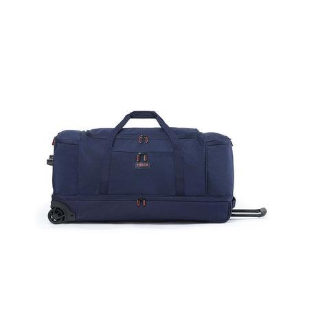 A navy blue duffel bag with a telescoping handle and wheels, featuring a front zippered pocket with the brand name 'TOSCA' printed in orange. The bag is photographed from a side profile view on a clean white background.