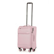 A light pink softside spinner suitcase with an extended black telescoping handle, shown on a plain white background.