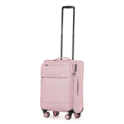 A light pink softside spinner suitcase with an extended black telescoping handle, shown on a plain white background.