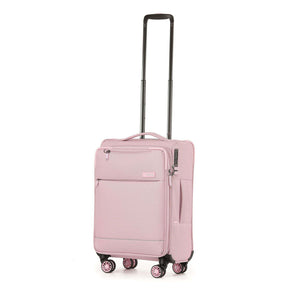 A light pink softside spinner suitcase with an extended black telescoping handle, shown on a plain white background.