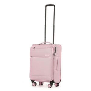 A light pink softside spinner suitcase with an extended black telescoping handle, shown on a plain white background.