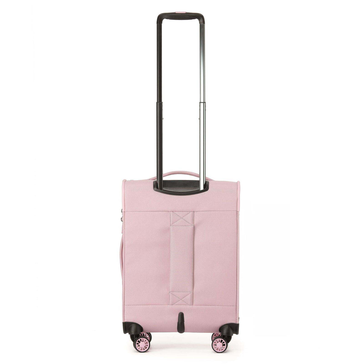 A light pink softside spinner suitcase with an extended telescoping handle, shown on a plain white background.