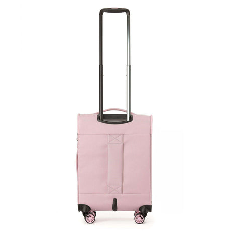 A light pink softside spinner suitcase with an extended telescoping handle, shown on a plain white background.