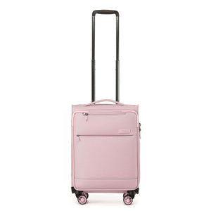 A light pink carry-on spinner suitcase with an extended black telescoping handle, shown against a plain white background.