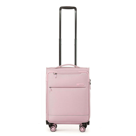 A light pink carry-on spinner suitcase with an extended black telescoping handle, shown against a plain white background.