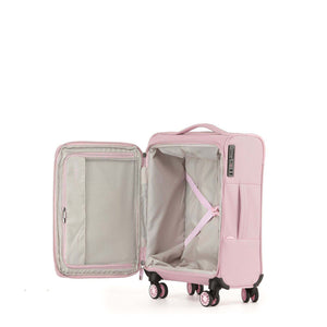 A light pink softside spinner suitcase shown open, displaying its interior organization, zippered side pocket, and gray lining, set against a plain white background.