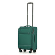A Emerald Green softside spinner suitcase with an extended black telescoping handle, shown on a plain white background.