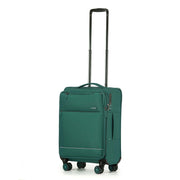 A Emerald Green softside spinner suitcase with an extended black telescoping handle, shown on a plain white background.