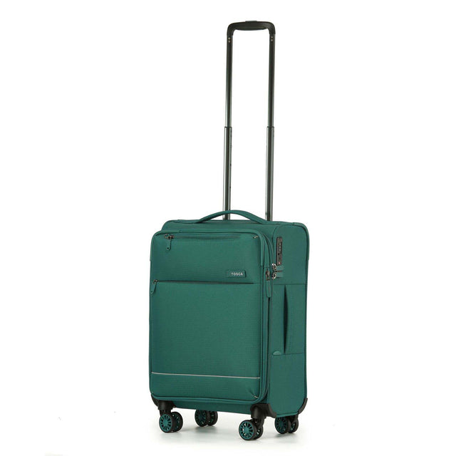 A Emerald Green softside spinner suitcase with an extended black telescoping handle, shown on a plain white background.