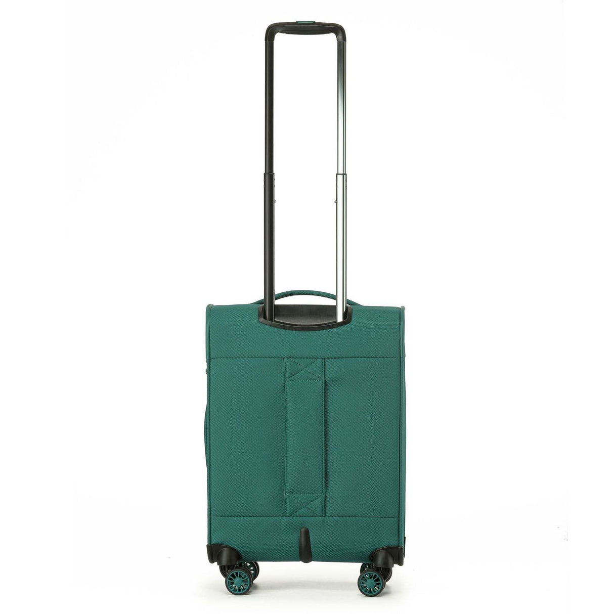 A light Emerald Green softside spinner suitcase with an extended telescoping handle, shown on a plain white background.