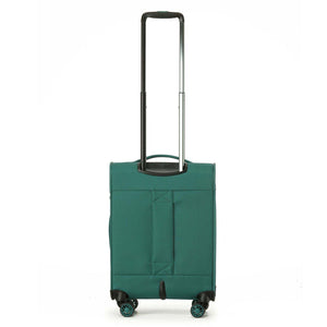 A light Emerald Green softside spinner suitcase with an extended telescoping handle, shown on a plain white background.