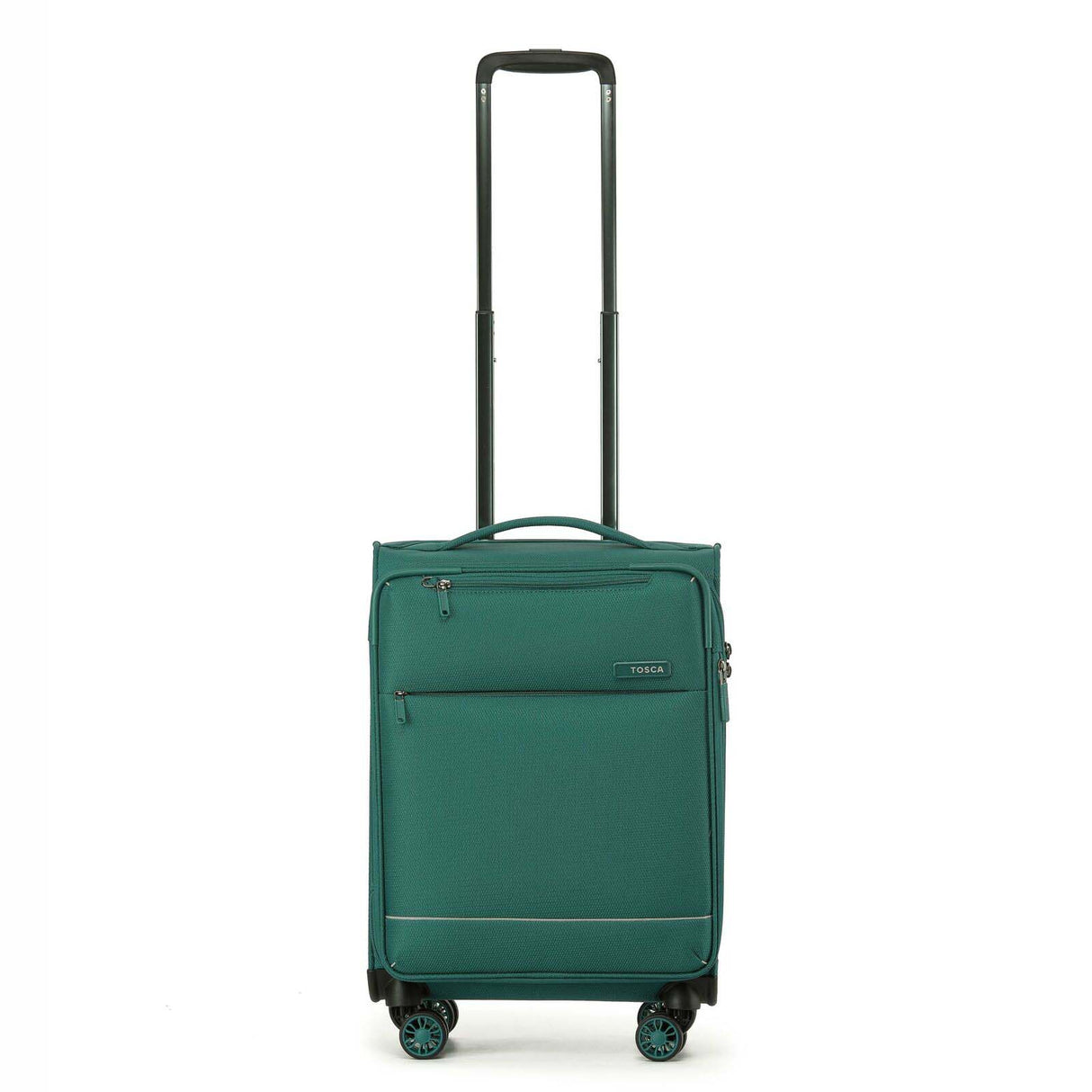 A light Emerald Green carry-on spinner suitcase with an extended black telescoping handle, shown against a plain white background.