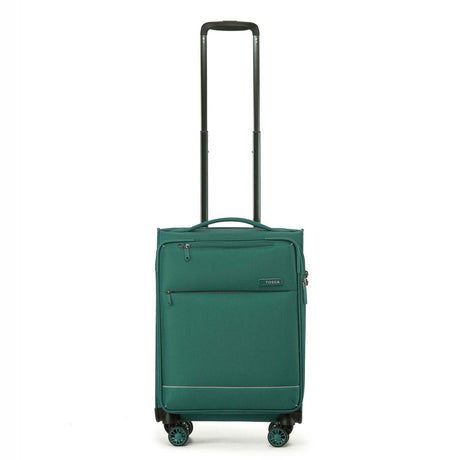 A light Emerald Green carry-on spinner suitcase with an extended black telescoping handle, shown against a plain white background.