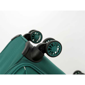 Close-up of an Emerald Green suitcase with black spinner wheels and pink wheel centers on a clean white background.