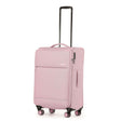A light pink softside spinner suitcase with an extended black telescoping handle, shown on a plain white background.
