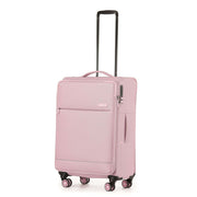 A light pink softside spinner suitcase with an extended black telescoping handle, shown on a plain white background.