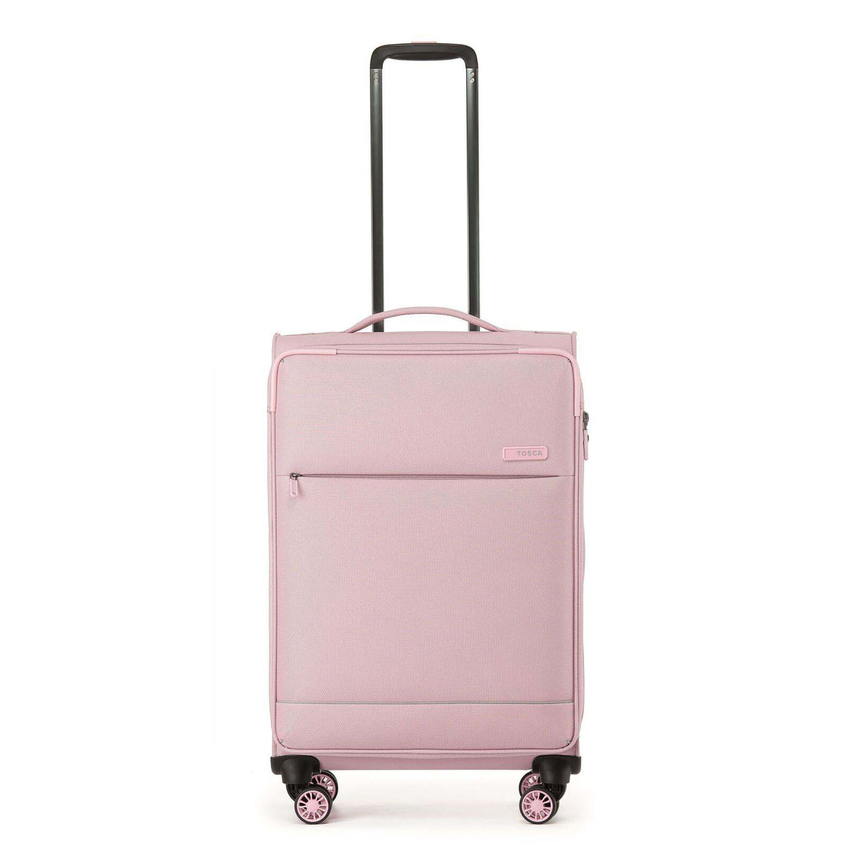 A light pink carry-on spinner suitcase with an extended black telescoping handle, shown against a plain white background.