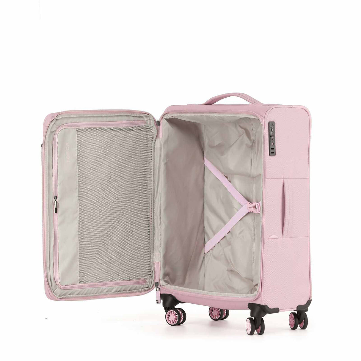 A light pink softside spinner suitcase shown open, displaying its interior organization, zippered side pocket, and gray lining, set against a plain white background.