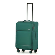 A Emerald Green softside spinner suitcase with an extended black telescoping handle, shown on a plain white background.