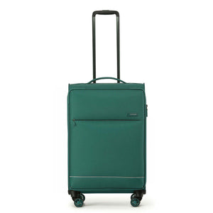 A light Emerald Green carry-on spinner suitcase with an extended black telescoping handle, shown against a plain white background.