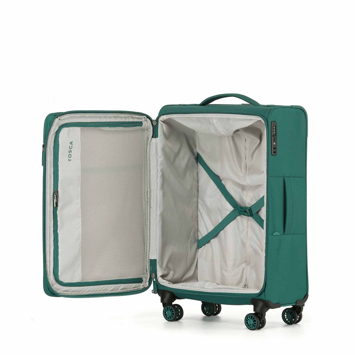A Emerald Green softside spinner suitcase shown open, displaying its interior organization, zippered side pocket, and gray lining, set against a plain white background.