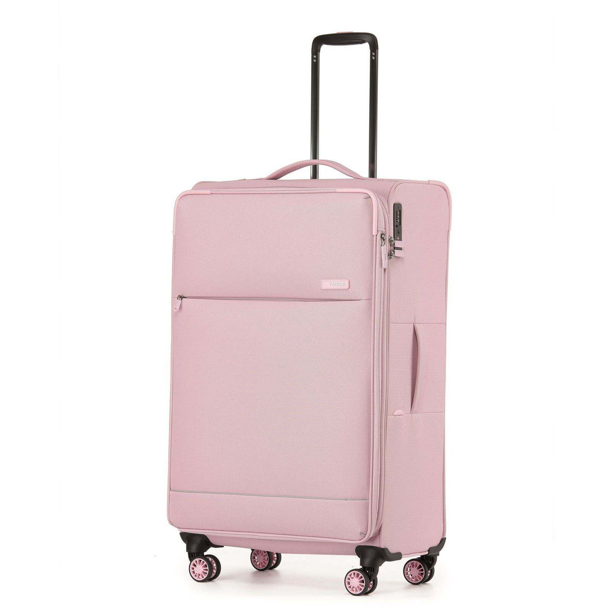 A light pink softside spinner suitcase with an extended black telescoping handle, shown on a plain white background.