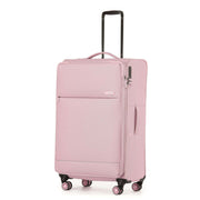 A light pink softside spinner suitcase with an extended black telescoping handle, shown on a plain white background.