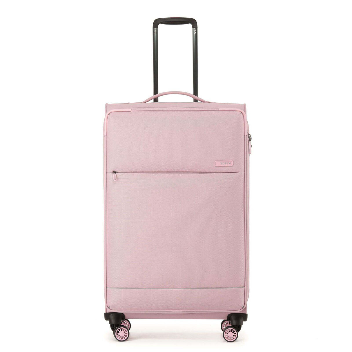 A light pink carry-on spinner suitcase with an extended black telescoping handle, shown against a plain white background.