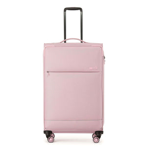 A light pink carry-on spinner suitcase with an extended black telescoping handle, shown against a plain white background.