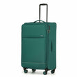 A Emerald Green softside spinner suitcase with an extended black telescoping handle, shown on a plain white background.