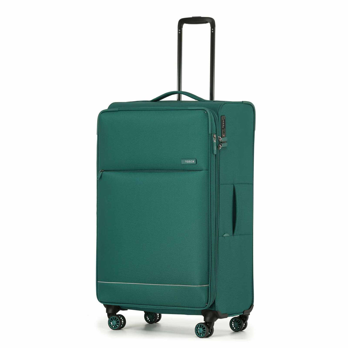 A Emerald Green softside spinner suitcase with an extended black telescoping handle, shown on a plain white background.
